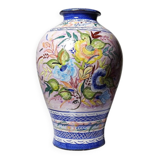 Vintage portugiesische Vase aus glasierter Terrakotta mit handgemaltem Blumendekor.