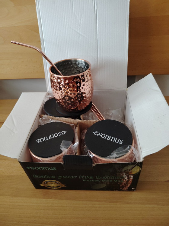 Image 1 of Juego de tazas de cobre Esonmus Moscow Mule, sin usar, con su embalaje original.