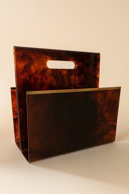 Portariviste vintage in plexiglass tartarugato e ottone — anni '70