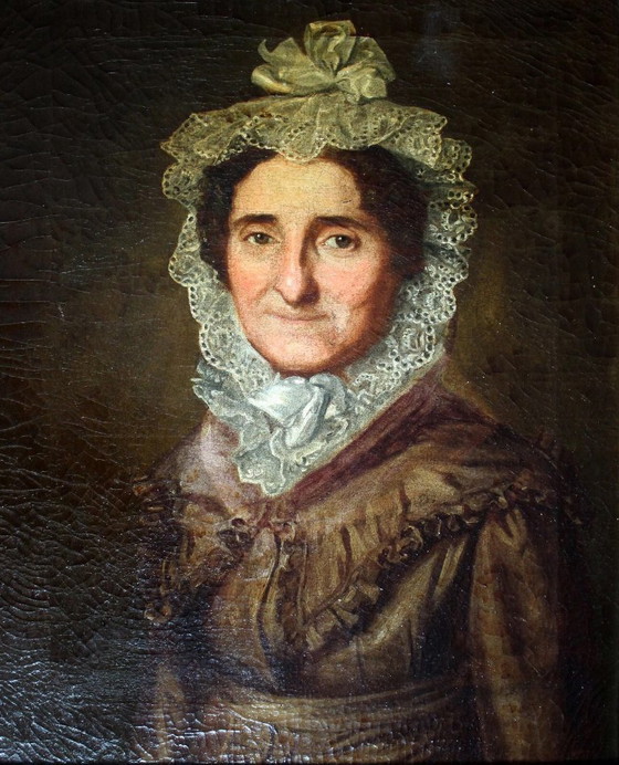 Image 1 of Tableau à l'huile ancien encadré d'or représentant le portrait d'une dame au chapeau
