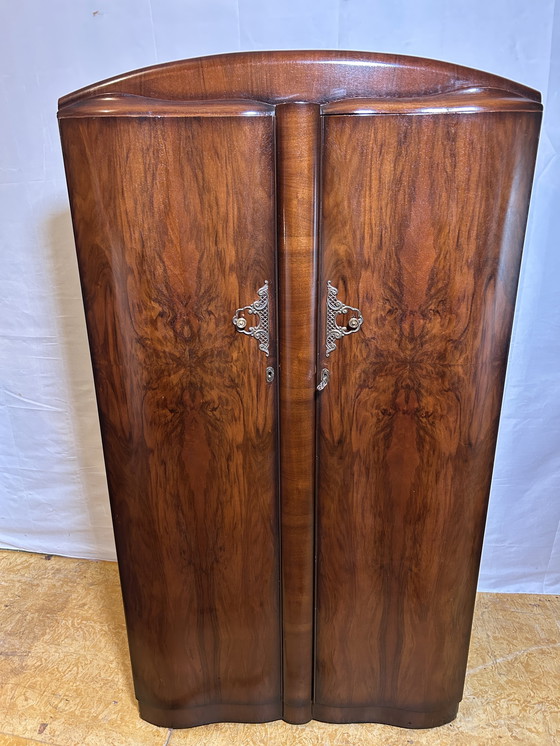 Image 1 of  Art Deco Burr Walnut Vintage Brocante Gents Wardrobe 1930–1940