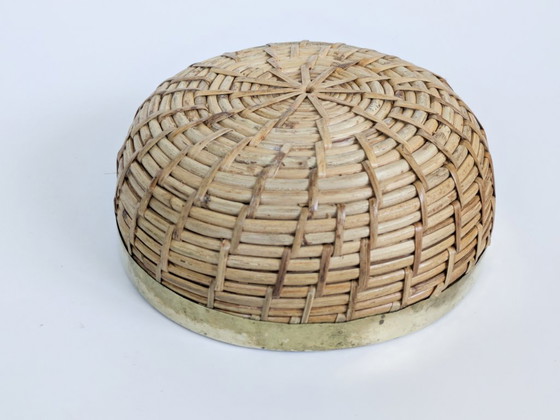 Image 1 of Vintage Rattan Brass Bowl Gabriella Crespi Style 1970s Handwoven Fruit Basket