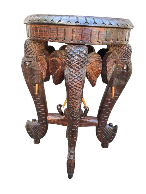 Image 1 of Unique wooden side table/flower stool with elephant head design and inlays ca. 1920-1930s