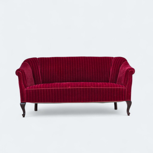 1950s Danish 2-Seater Sofa, Red Furniture Velour, Ash Wood Legs
