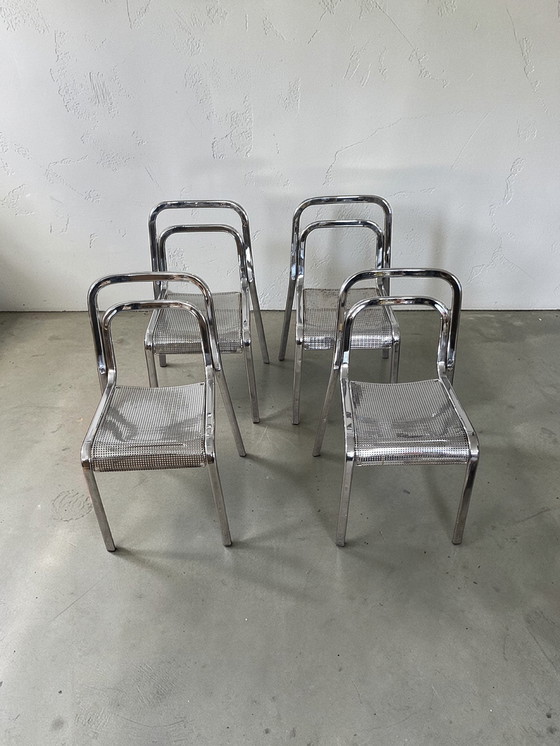 Image 1 of Set di 4 sedie da pranzo di design in metallo cromato Arrben, prodotte in Italia, impilabili.