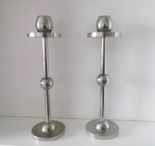 Candelabros de acero inoxidable estilo era espacial (par) – Pieza única hecha a mano – kandelaars en kaarsen, Metal