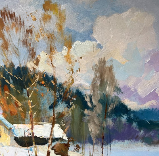 Image 1 of Original Oil Painting Winter Forest Landscape Winter breeze in the forest