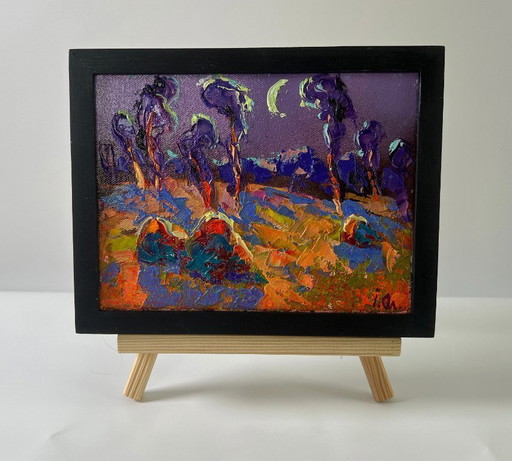 Original Oil Painting Fall Nature Landscape Blue Autumn Night
