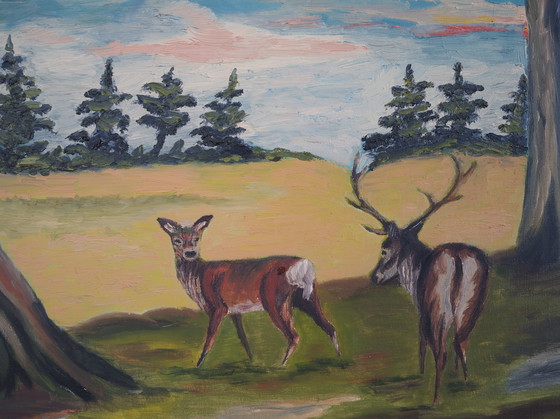 Image 1 of Peinture "La paire de cerfs", design scandinave, années 1960