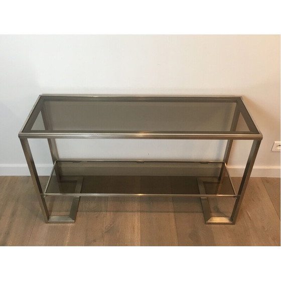 Image 1 of Vintage Console in Brushed Steel and Smoked Glass Trays 1970