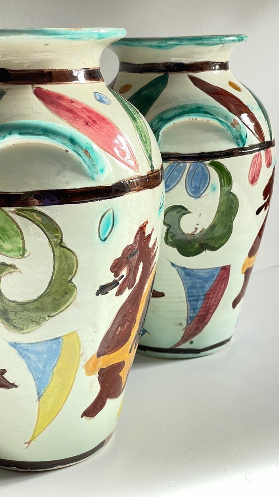 Image 1 of Italian Majolica Vases with Dragon Motif