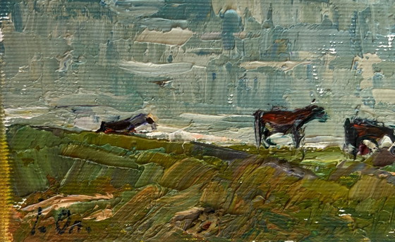 Image 1 of Original Oil Painting Gloomy River Landscape At the watering hole