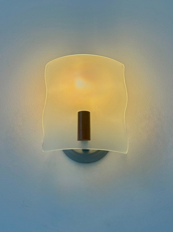 Pair of vintage wall lights in sandblasted glass and wood, France, 1970. (photo 5 of 6)