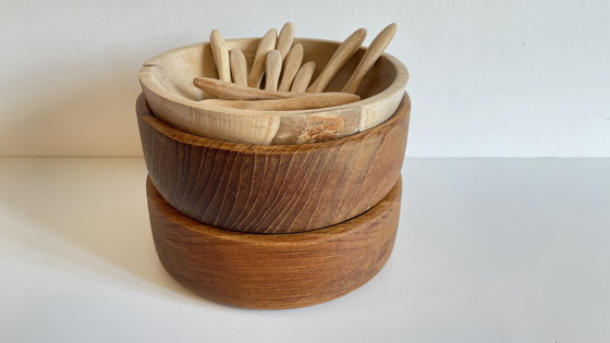 Image 1 of Set di 3 ciotole + 12 mini posate in legno e teak