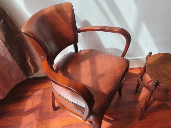 Paar vintage massief beukenhout Bridge stoelen, 1950 – Fauteuils, Leather, Wood (photo 3 of 5)