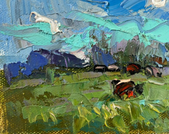 Image 1 of Peinture à l'huile originale, paysage naturel, champ, vent froid d'été