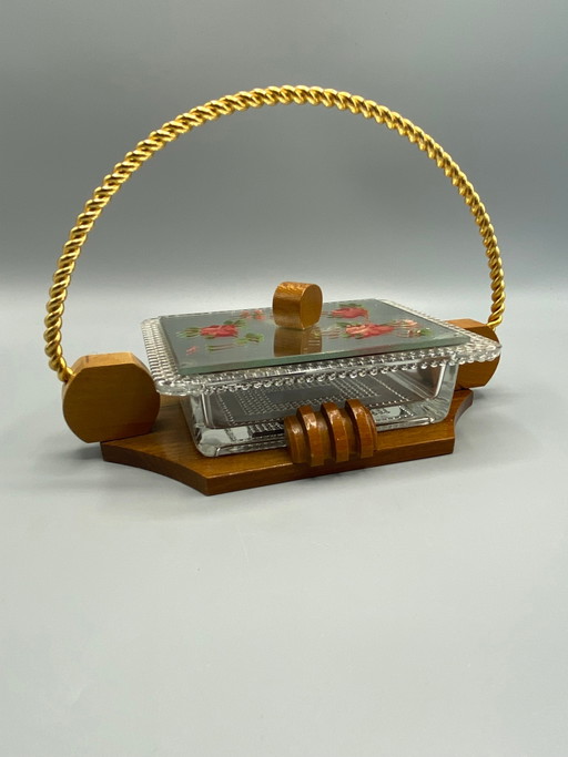 Art Deco Cookie Box in Glass, Wood, and Painted Mirror – Circa – glazen karaffen