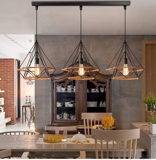 PETITES ECREVISSES Chandelier Industrial Pendant Design 3 Lamps Diamond Hemp Rope Metal LED Ceiling Light Shade-Jour