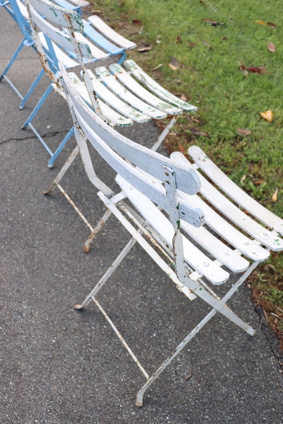 Image 1 of Set of 8 French Bistro Garden Folding Chairs in Iron and Wood Slats