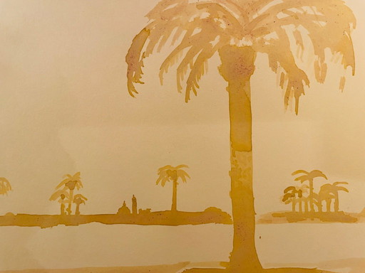 Watercolor painting of an Egyptian landscape, "Dawn on the Nile"