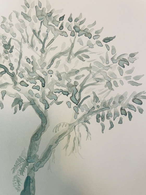 Image 1 of Signed watercolor, monochrome sage green landscape, "solitary tree"