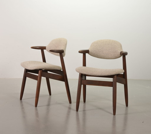 Vintage Design Authentic Cowhorn Tijsseling Dining Chairs with Greyish-White Wool Fabric by Hulmefa, Set of 2