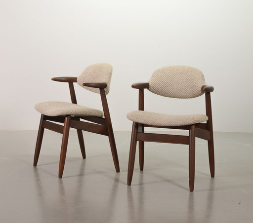 Vintage Design Authentieke Koehoorn Tijsseling Eetkamerstoelen met Grijs-Witte Wollen Stof van Hulmefa, Set van 2