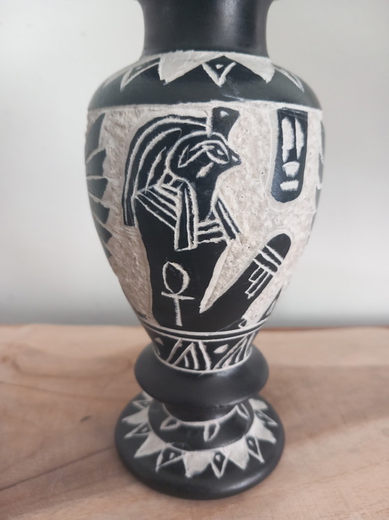 Image 1 of Handcrafted Egyptian Vase in Black Basalt, Hand-Carved - Deities Isis & Horus - 16 cm