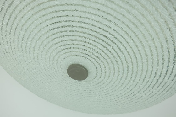 Image 1 of rare large mid century modern CEILING LIGHT by hillebrand 1960s flush mount textured glass blue metal frame