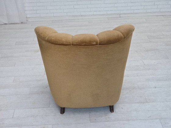 Image 1 of 1960s, Danish relax chair, original green furniture velour, carved oak wood.
