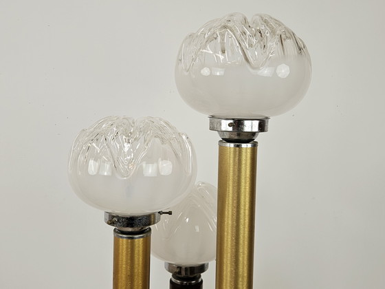 Image 1 of Lámpara de pie de cristal de Murano de mediados de siglo en madera y metal con tres puntos de luz, década de 1970