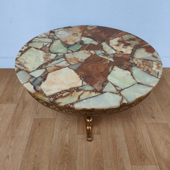 Round Vintage Regency Coffee Table with Marble Onyx Top 89cm – Brass (photo 10 of 10)