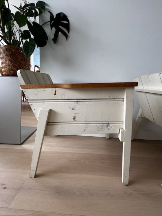 Image 1 of 2 low Piet Hein Eek bucket chairs/armchairs made of reclaimed wood, white