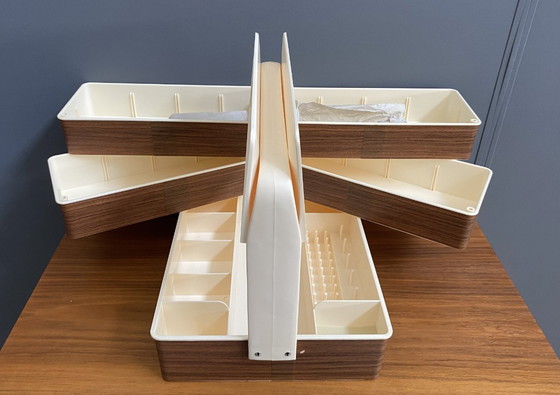 Image 1 of 1970s plastic brown sewing box in original box