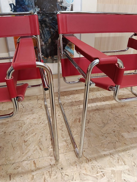 Image 1 of KNOLL Studio Set van 2 WASSILY B3 fauteuils (NIEUW) in rood leer