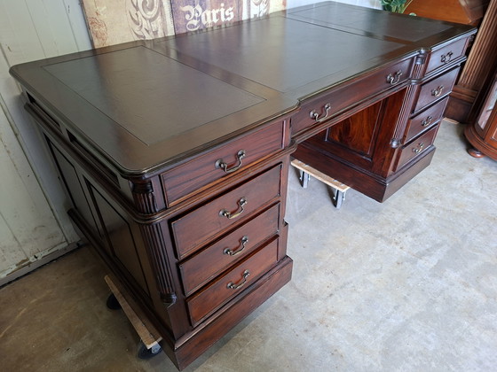 Image 1 of Classic double-sided desk, writing table, partner desk, with leather inlay, dimensions: 180x90cm and 79cm high.