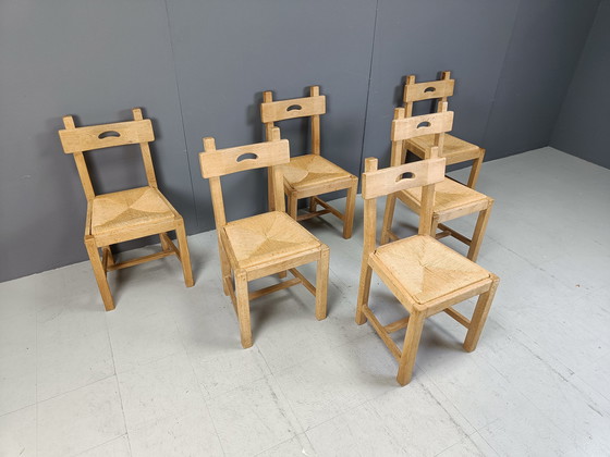 Image 1 of Set van 6 eiken en rieten Brutalistische eetkamerstoelen, 1960S