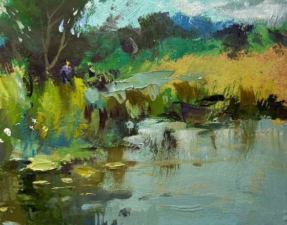 Image 1 of Pintura al óleo original Paisaje costero gris en las afueras del pueblo.