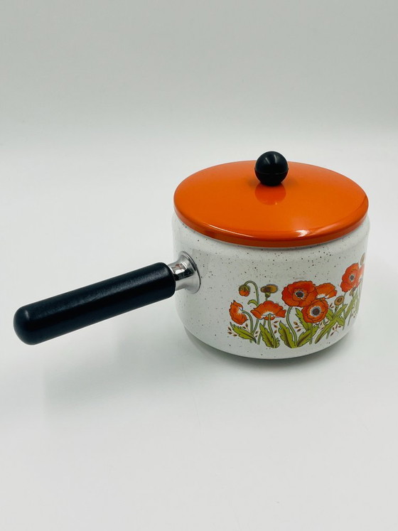 Enamelled Casserole "Orange Poppy" Sanko Ware, Kitchen accessories, Metal, Plastic, White, Vintage (photo 2 of 7)