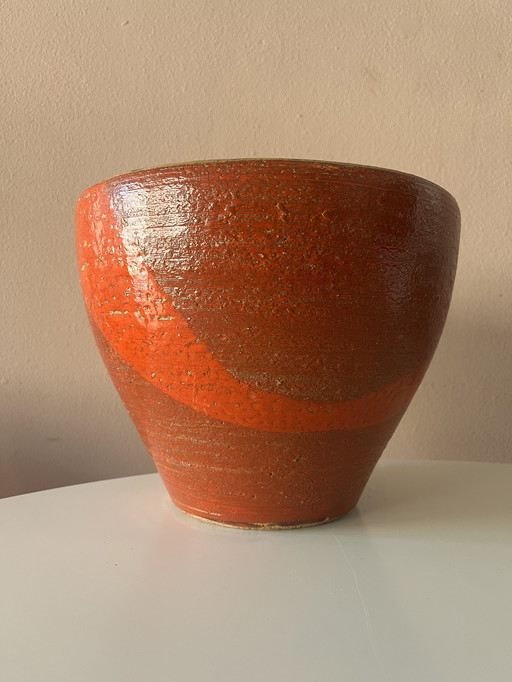 Magnifique Grand Pot de Fleurs Vintage en Faïence Rouge avec Rayure Graphique émaillée
