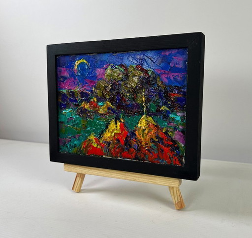 Original Oil Painting Summer Night Landscape Silence shining with a silver sky