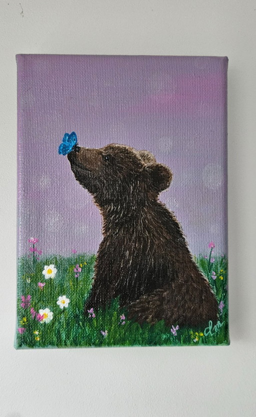 Handmade acrylic painting of a baby bear with a butterfly on its nose