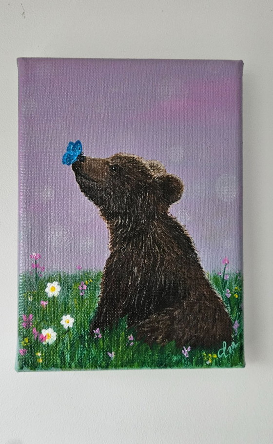 Image 1 of Handmade acrylic painting of a baby bear with a butterfly on its nose