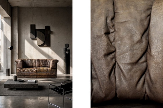 Image 1 of Vintage Duitse brutalistische tweezitsbank in mid-century modern stijl, bruin leer, jaren 70