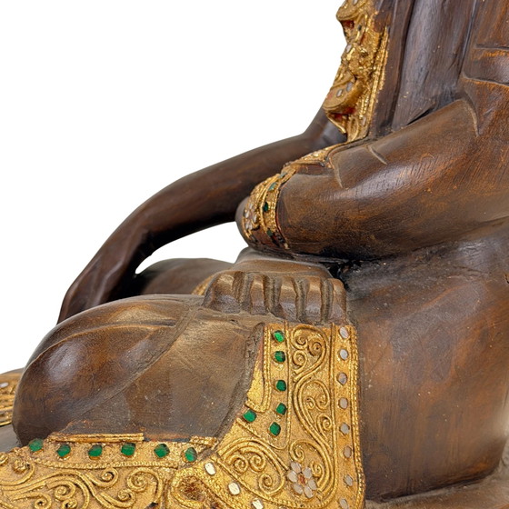 Antique Burmese Mandalay Wooden Buddha – Bhumisparsha – c. – Sculpture, Glass (photo 19 of 23)