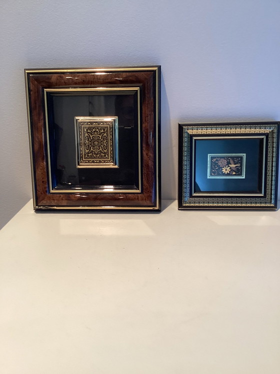 Set of 2 Vintage Damasquinado Toledo (Anframa) - Framed 24K Gold., Art, Glass, Black (photo 9 of 9)