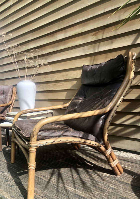 Image 1 of Ensemble vintage de fauteuils en bambou 1970 avec coussin en cuir