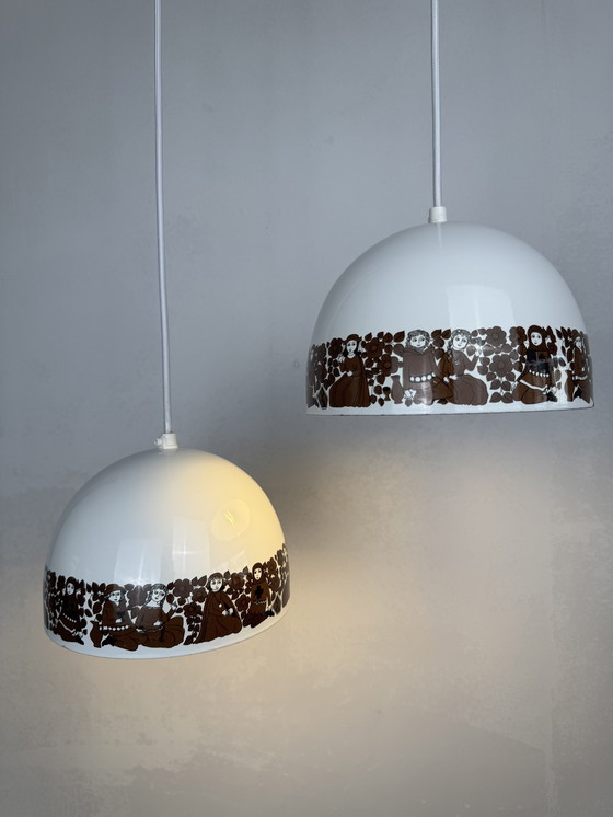 Image 1 of  Set of 2 Enamel Pendant Lamps by Kaj Franck for Fog & Mørup – “Tanssi” Folklore Design cm ⭐️ Designed by Kaj Franck for Fog & M