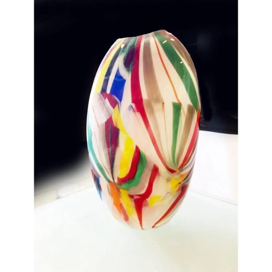 Image 1 of Abstract Vase in Milky-White Murano-Inspired Glass with Multicolored Reeds