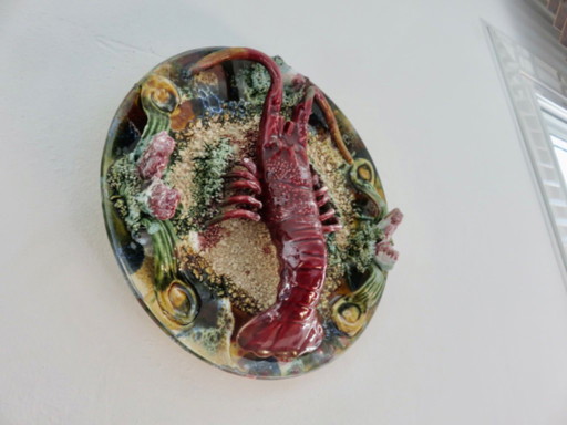Antiek majolica "kreeft" wandbord, Caldas de Rainha, Palissy, jaren 30